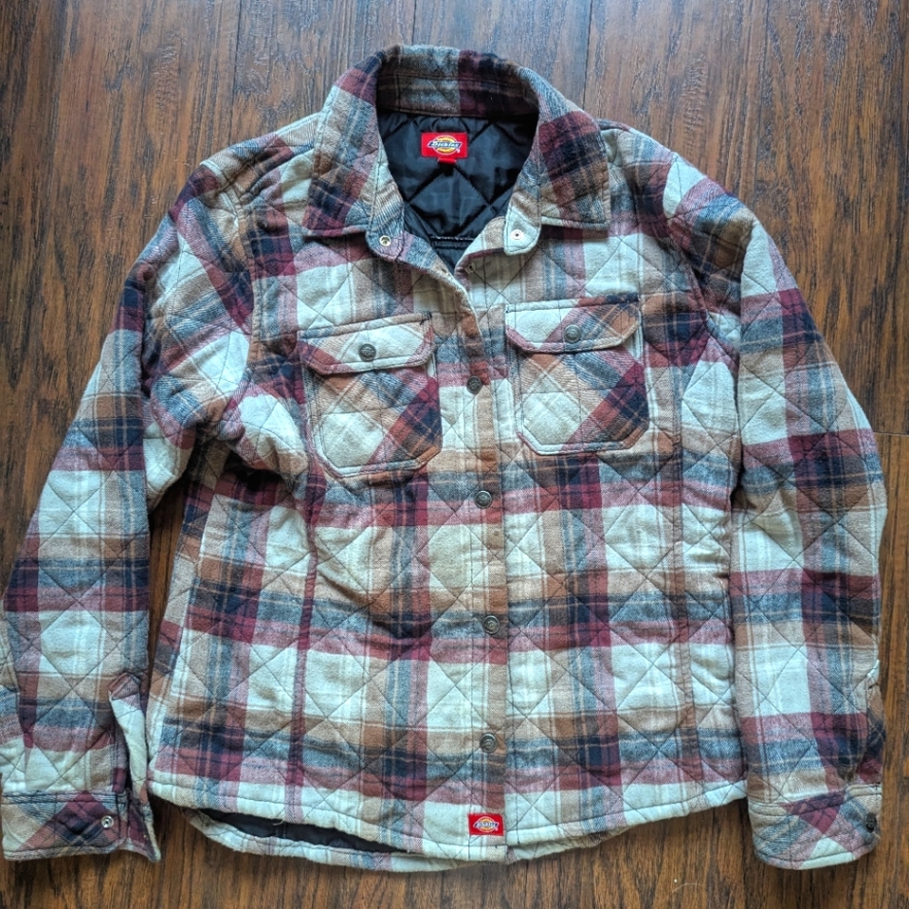 Dickies Quilted Plaid Flannel Shacket in Cream, Brown & Red - Quilted/Lined
